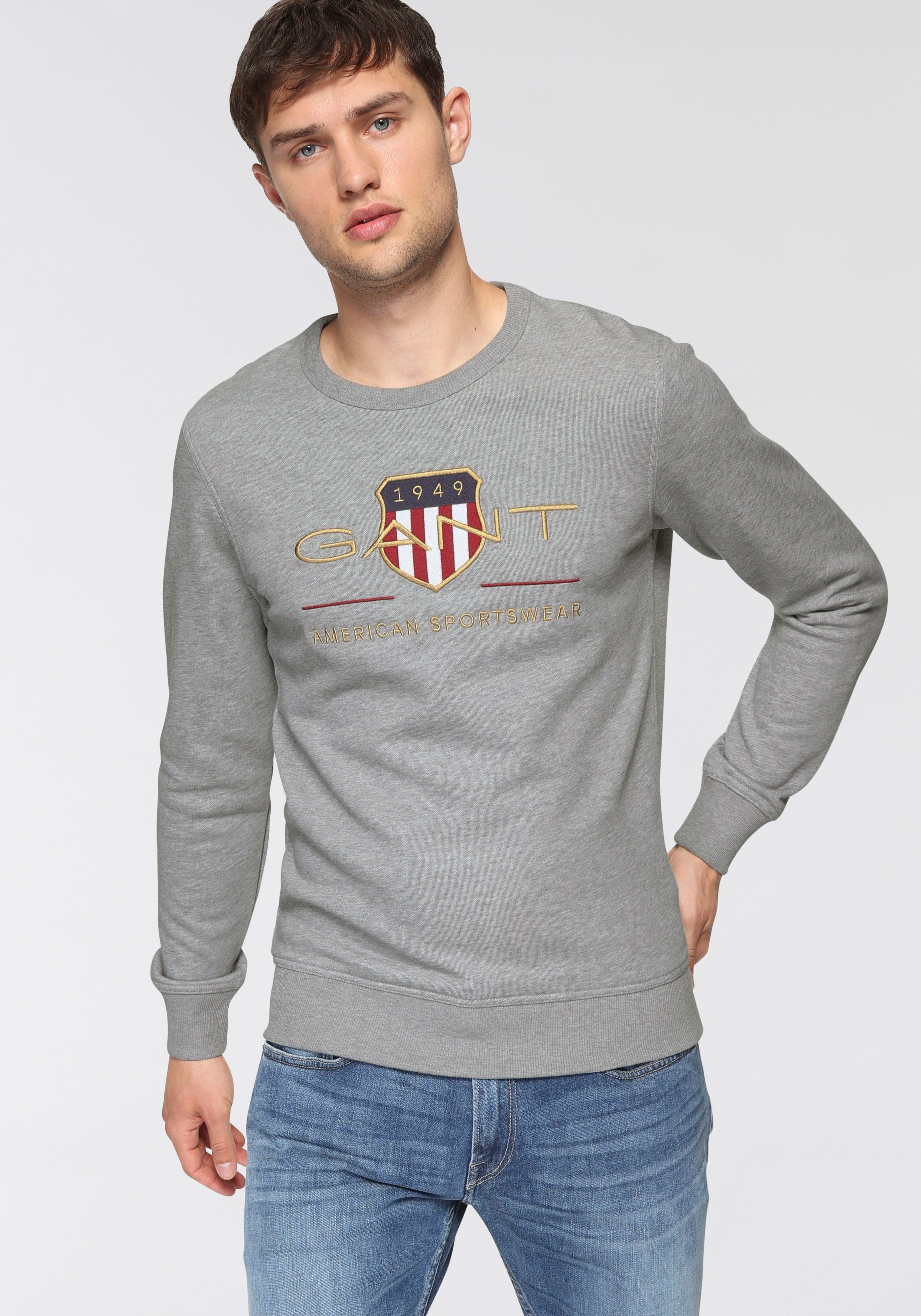 Gant C-NECK melange mit SHIELD geripptem Rundhalsausschnitt grey ARCHIVE Sweatshirt