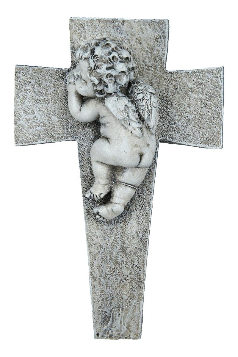 dekojohnson Gartenfigur Gedenkkreuz Engel auf Deko-Kreuz liegend 12x7x19cm