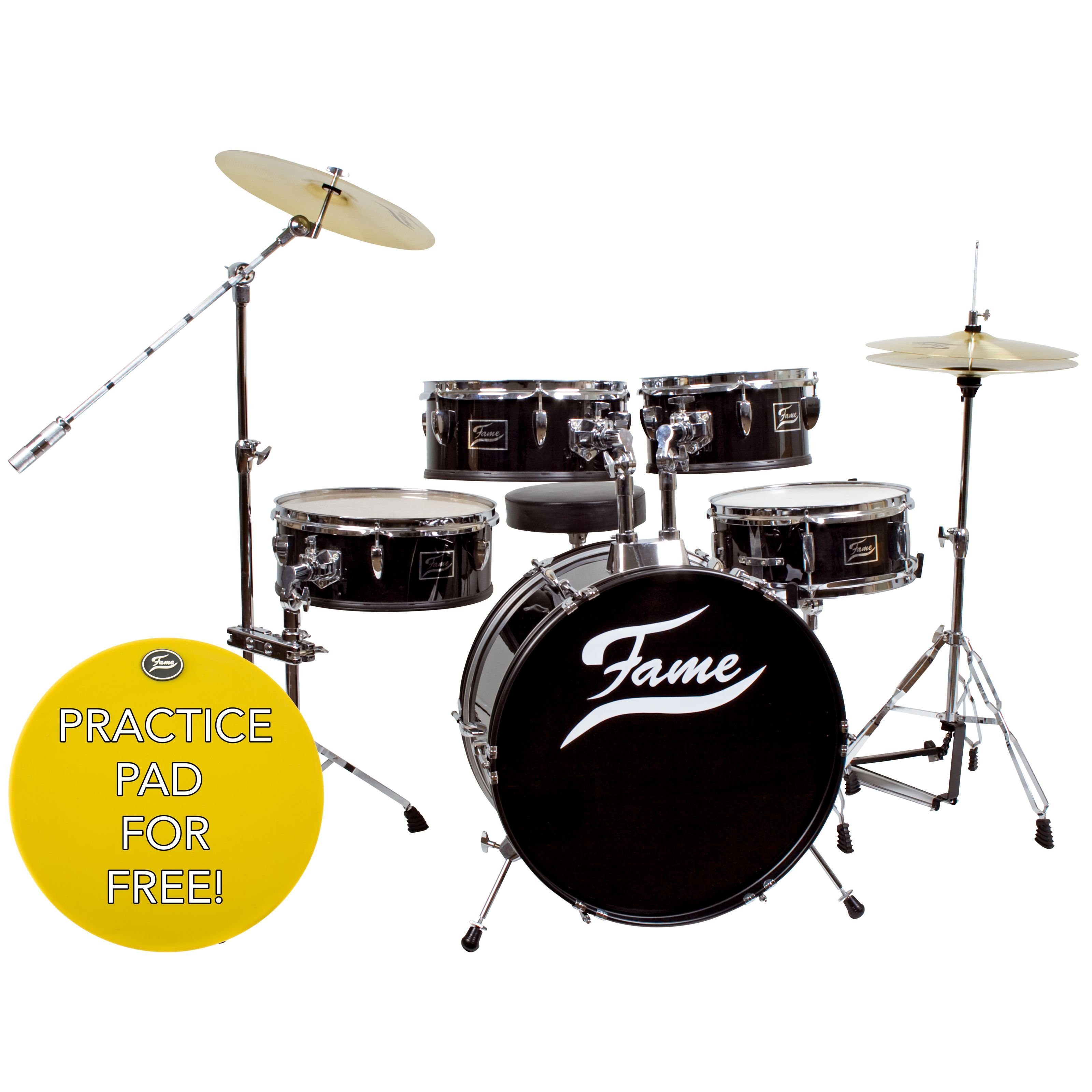 FAME Schlagzeug,Schlagzeug Practice Set, Inklusive Cymbals und Hocker, Kompaktes Drum-Set mit 20 Zoll BassDrum, Mischholz Kessel, Hochglanz Schwarz, Inklusive Hardware und Aufbauanleitung, Ideal für Zuhause und Proberaum, Schlagzeuge, Drum-Sets, Schlagzeug Practice Set, Kompaktes Drum-Set, Drum-Set