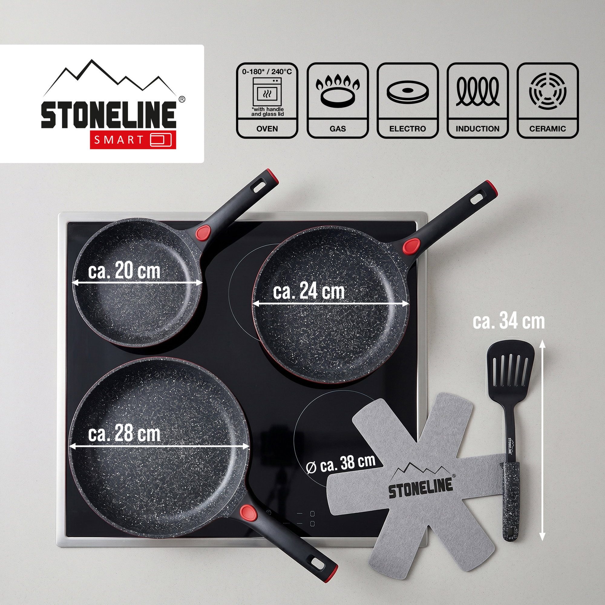 STONELINE Pfannen-Set SMART, 6-teilig, 20/24/28 cm, Pfannenwender, Aluminiumguss