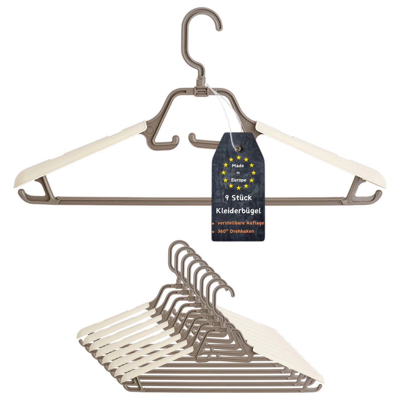 Engelland Kleiderbügel mit drehbarem/einklappbarem Haken sowie ausziehbarer Schulterauflage, (Vorteils-Set, 9-tlg), rutschfest, stabil, Kunststoff, für Mäntel, Hosen, Blusen, Anzüge uvm.