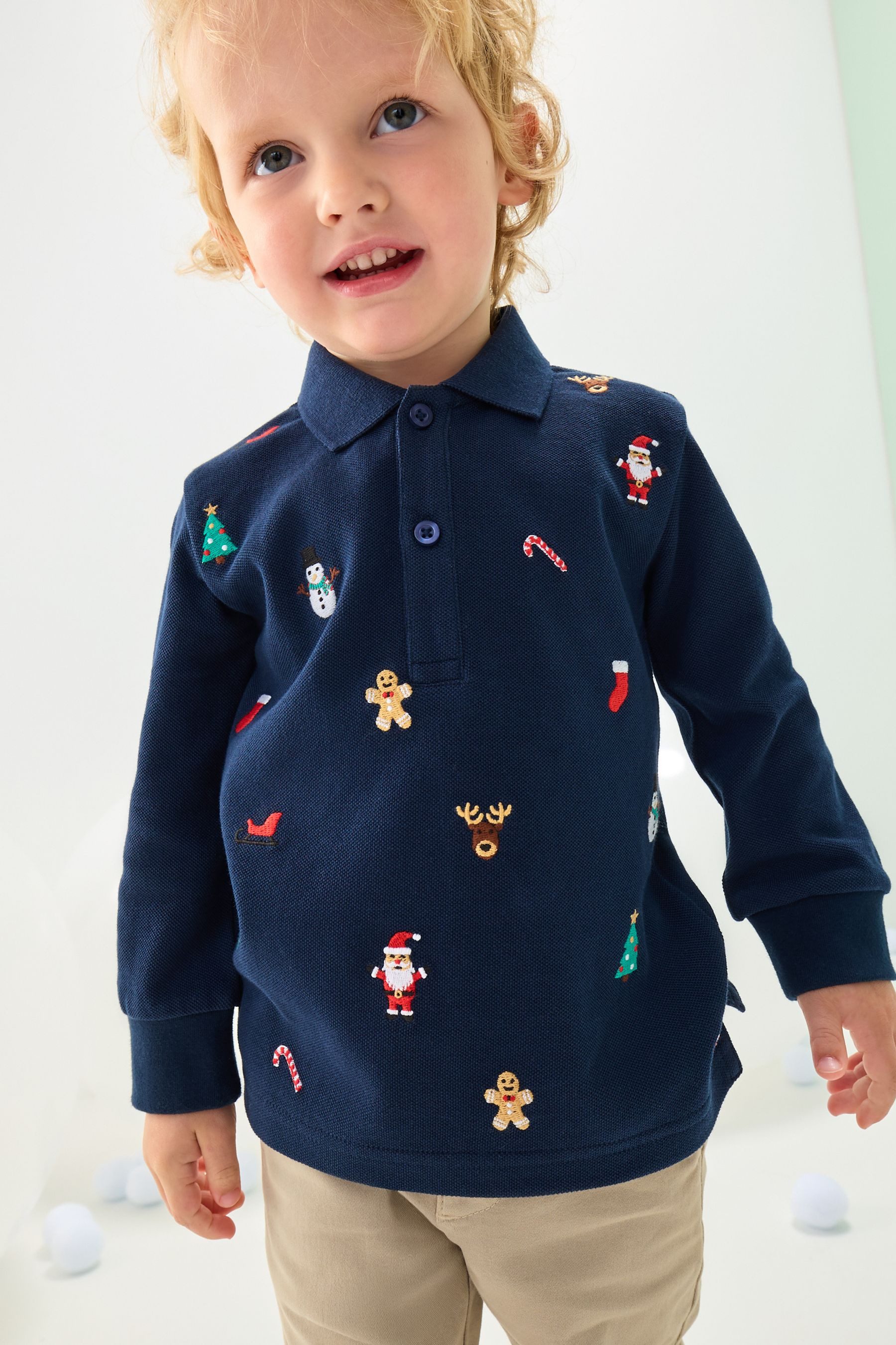 Next Langarm-Poloshirt Langarm-Poloshirt mit weihnachtlicher Stickerei (1-tlg)