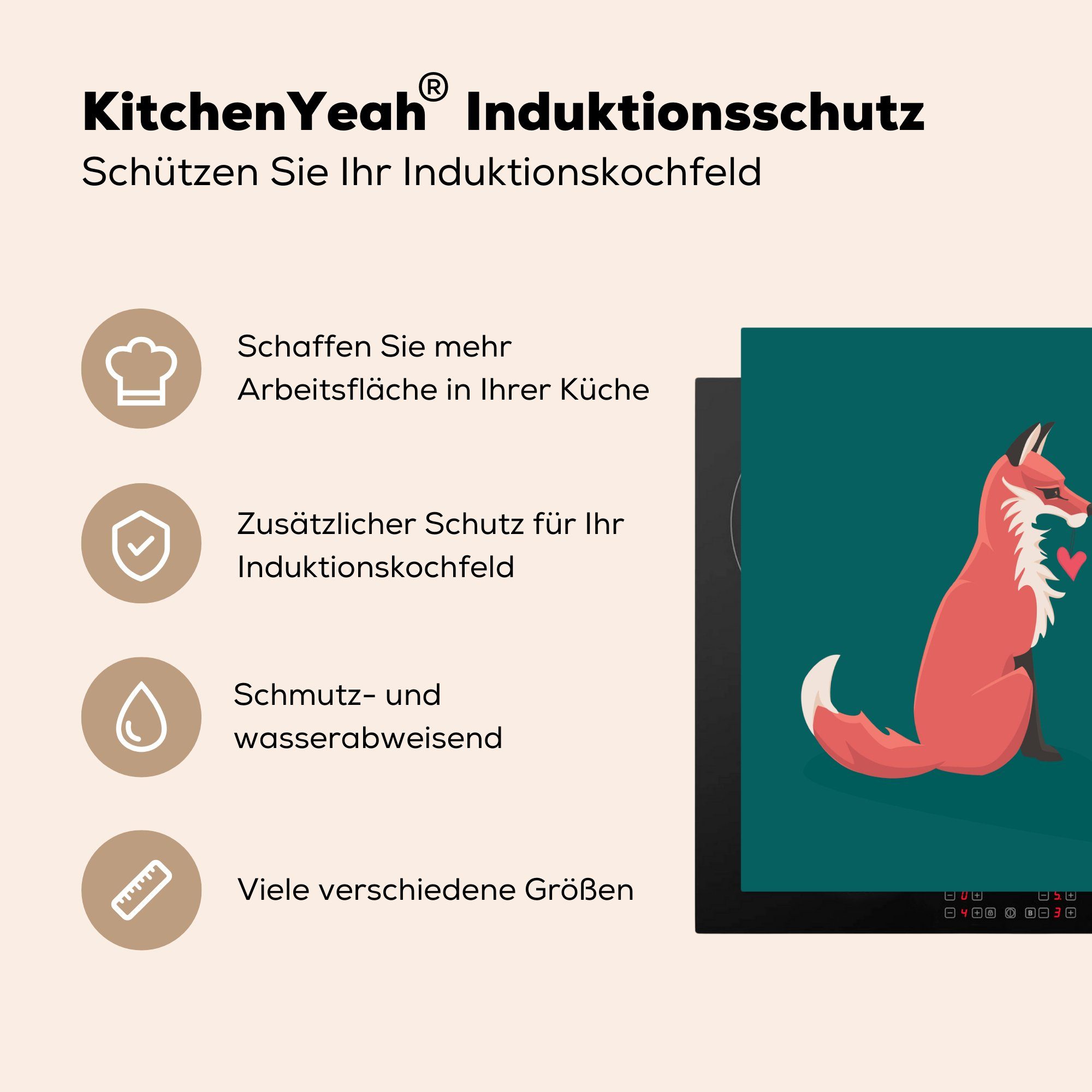 MuchoWow Vinyl, tlg), Induktionskochfeld - Fuchs Ceranfeldabdeckung 71x52 Schutz Herdblende-/Abdeckplatte (1 - Grün küche, für die Liebe, cm,