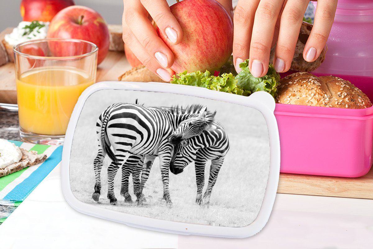 MuchoWow Lunchbox Zebra - - Tiere Kunststoff Mädchen, Brotbox Brotdose Kinder, Natur Snackbox, Kunststoff, (2-tlg), für Erwachsene, Safari, - rosa