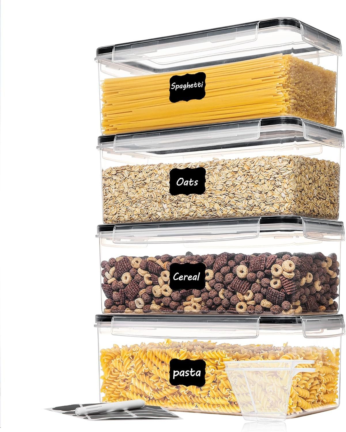 Refined Living Vorratsdose 3.2L Банки для зберігання mit Deckel 4er Set,Frischhaltedose, Aufbewahrungsbox, BPA-freier, bruchsicherer Kunststoff, (Frischhaltedose, Spaghetti Aufbewahrung Pasta Vorratsbehälter, Aufbewahrungsbox Küche, Aufbewahrungsdosen Set, Küchenorganisation, Müsli Cornflakes Behälter, Lebensmittelbehälter luftdicht, Vorratsbehälter, Horizontale Lagerung, Luftdicht & Frischhaltung, 4-tlg., Lebensmittelbehälter Kunststoff mit Etiketten & Messbecher, BPA-frei), Großes Fassungsvermögen, für Nudeln,Müsli,Cornflakes,Nüsse,Snacks