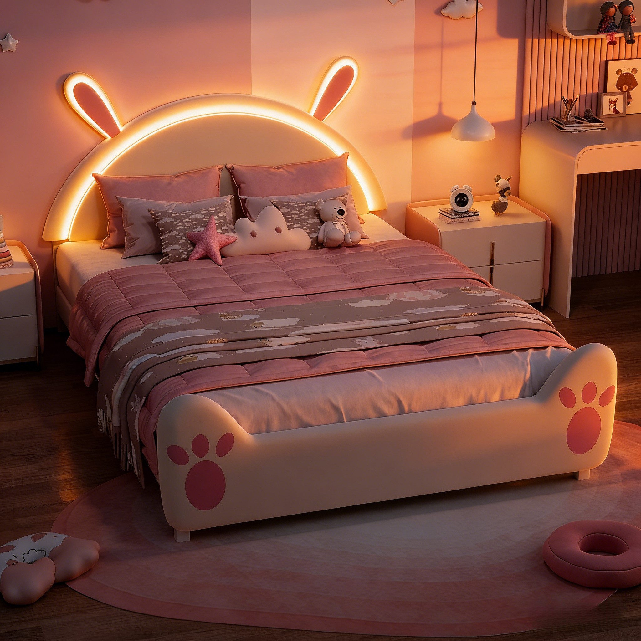 Furnishings Home Kinderbett Polsterbett LED mit Hasenohren Kopfteil 90x200 cm (1-tlg., LED Beleuchtung steuerbar per App/Fernbedienung), Doppelbett mit Hasenohren Kopfteil und Lattenrost, Samt