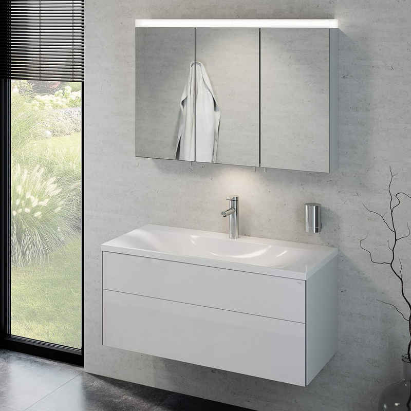 Keuco Badmöbel-Set Royal Reflex, (3 teilig, Badmöbel Set - Waschbecken, Unterschrank, LED Spiegelschrank), Badezimmerspiegelschrank mit Beleuchtung, weiß-hochglanz, 100 cm
