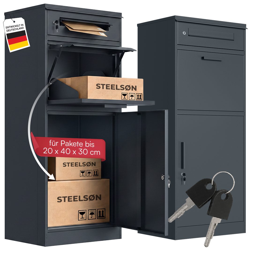 STEELSØN Paketbox Propus mit Briefkasten, aus Stahl, abschließbar (anthrazit, Paketbriefkasten 106x50x40 cm), 2 Fächer mit Schloss, …