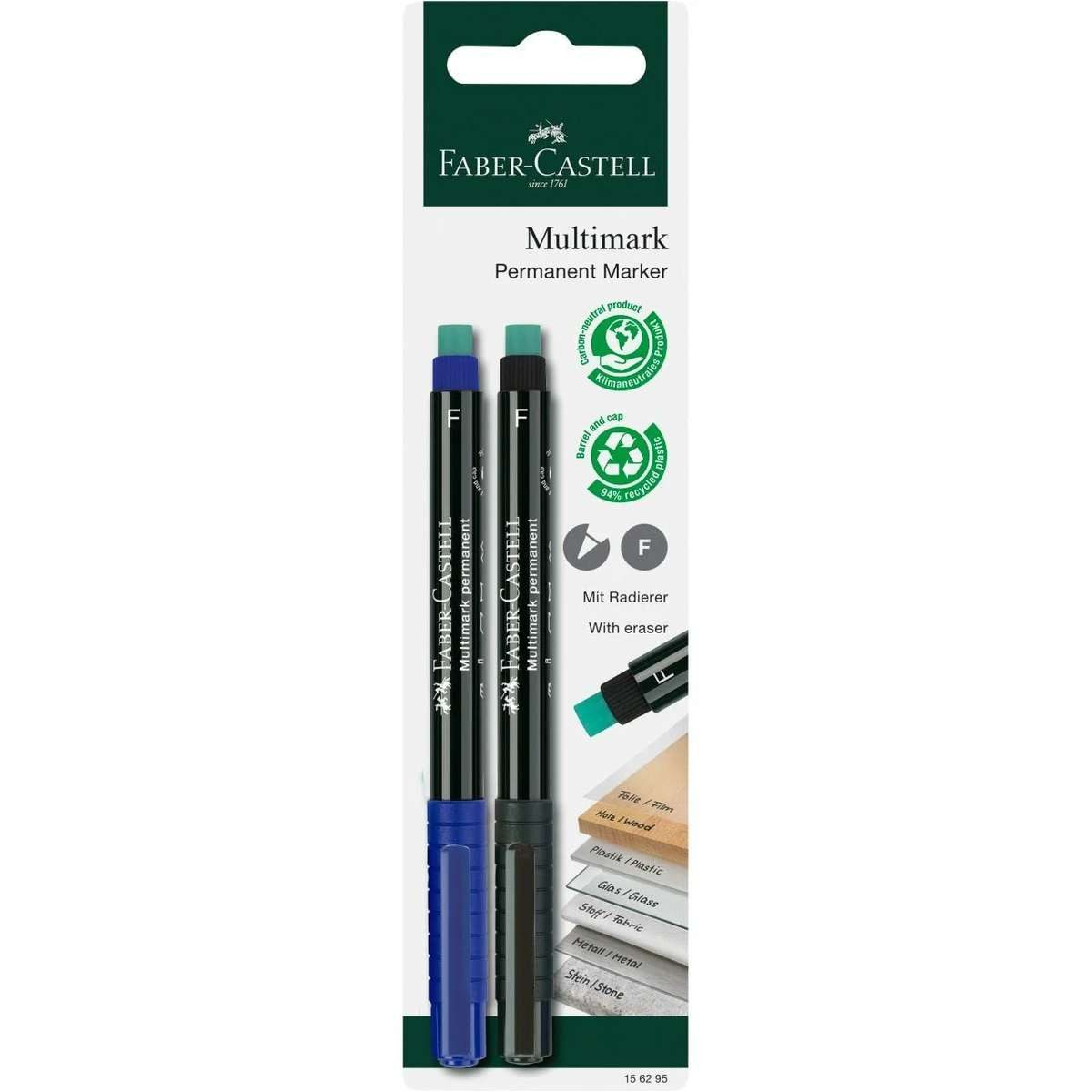 Faber-Castell Permanentmarker 156295 Permanent-Marker Fibre tip Schwarz, Blau 2 Stück(e)