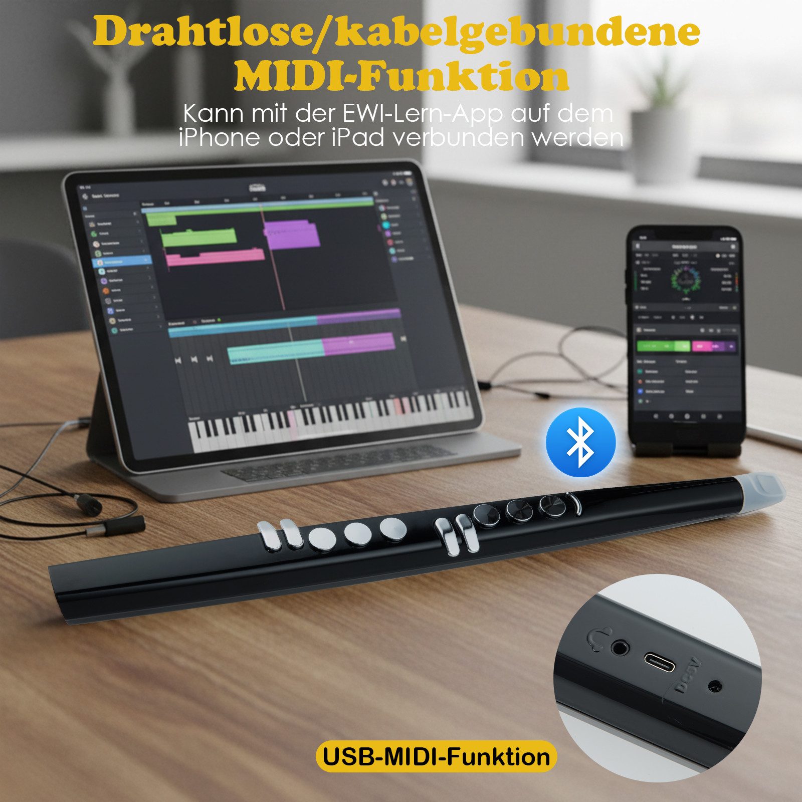 COSTWAY Spielzeug-Musikinstrument, (1 tlg), Elektronisches Blasinstrument, EWI mit kabelloser Verbindung & MIDI