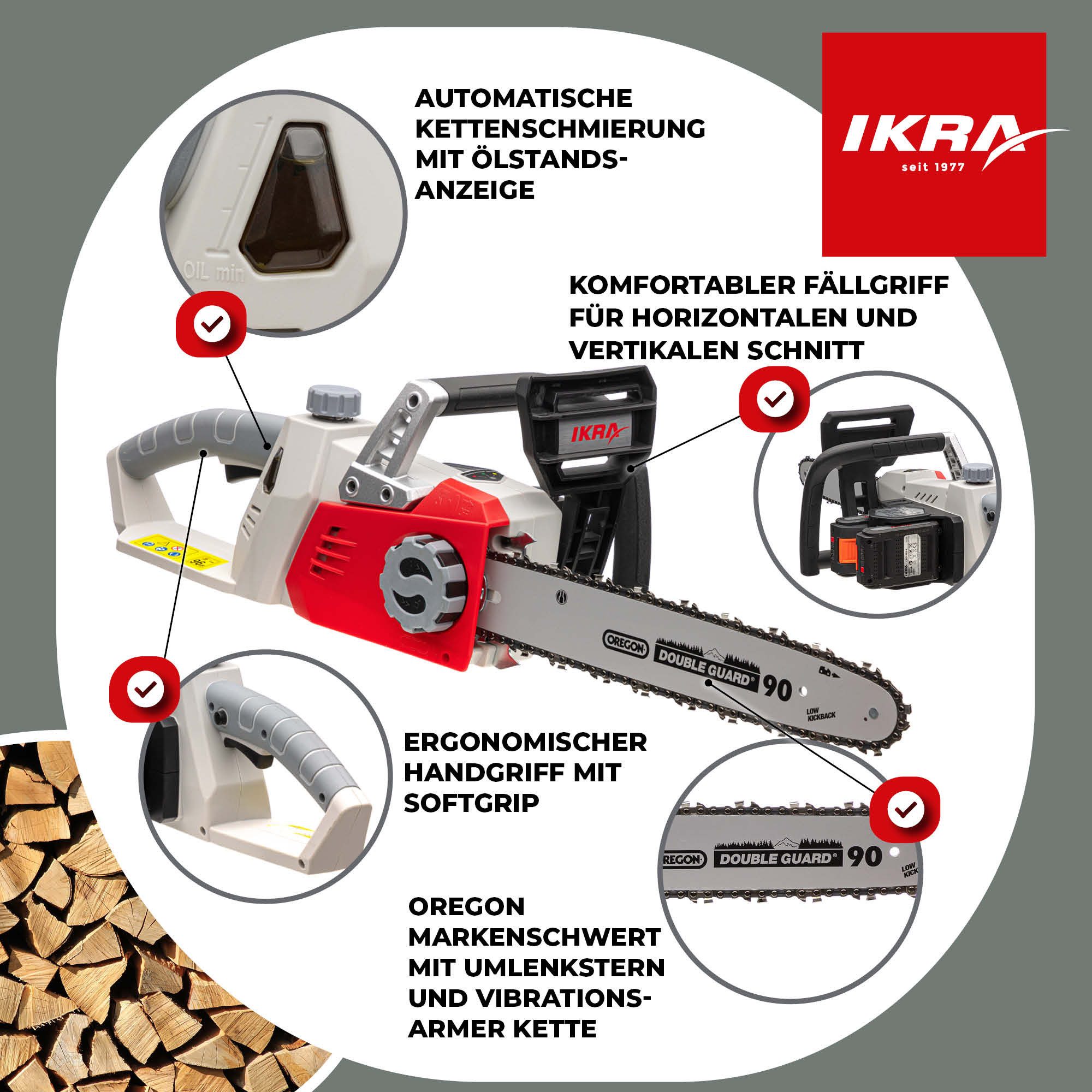 ikra GmbH Akku-Kettensäge ICC 2/2035, 34,5 cm Schwertlänge, 2 x 20V (2,0 Ah) & Doppelllader, inkl. 2 x 20V Akkus & Ladegerät