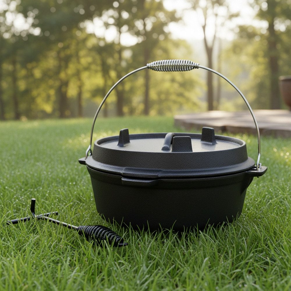 Melko Feuertopf Kochkessel Dutch Oven aus Gusseisen Outdoorküche Feuertopf BBQ, Gusseisen (Stück, 3-tlg), Der Deckel kann als Bratpfanne genutzt werden