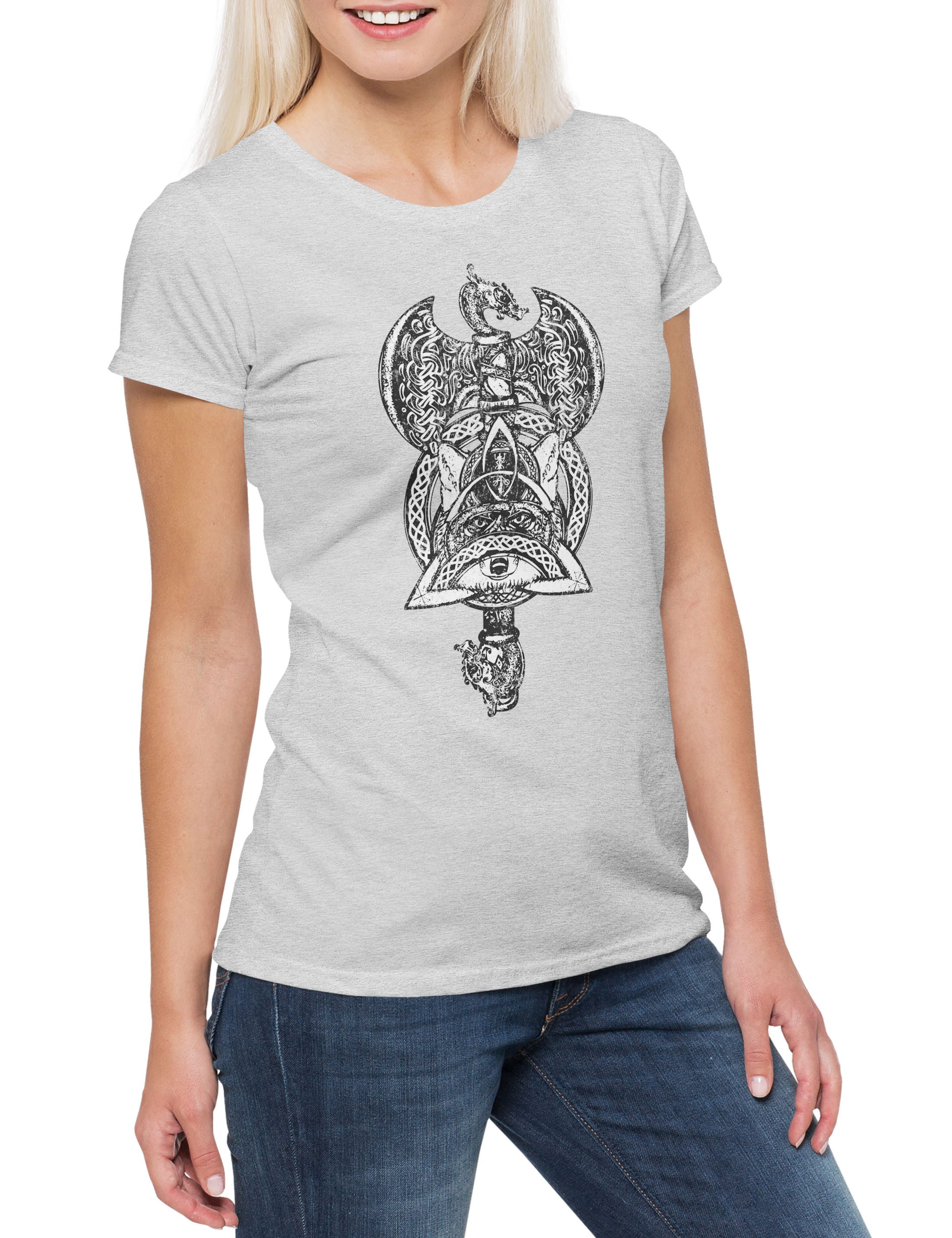Print-Shirt Thor's Hammer Fox Damen T-Shirt Mjölnir Fuchs Runen Vikings Runes