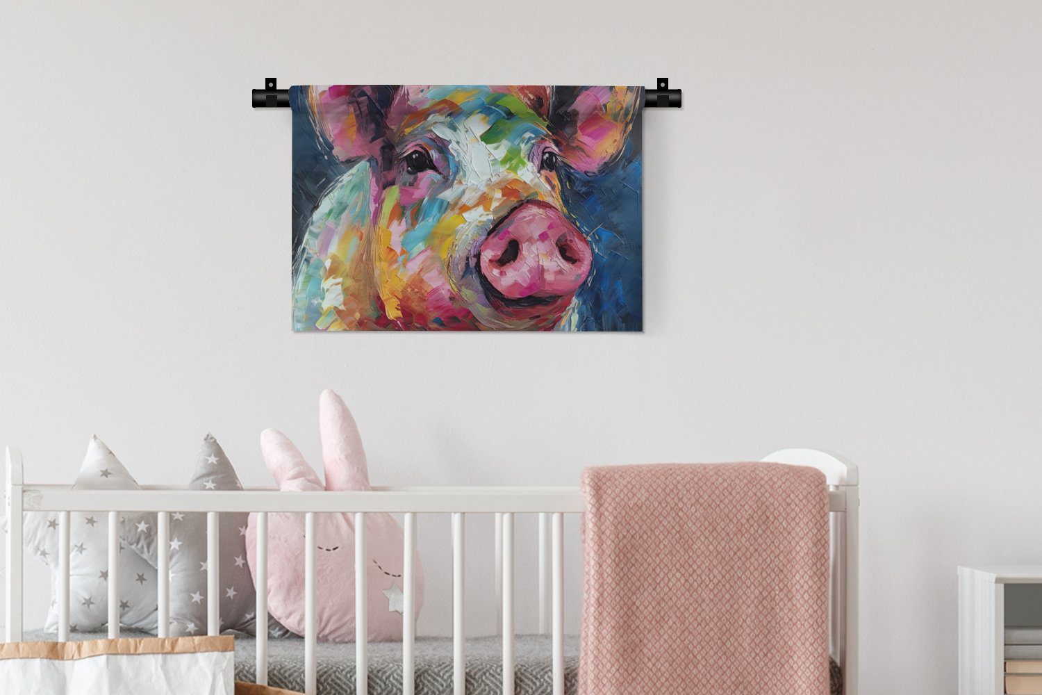 - - Wohnzimmer, Wanddekoobjekt Kinderzimmer Kleid, für MuchoWow Schlafzimmer, Kunst, Wandbehang, Wanddeko Schwein - Ölfarbe Tiere