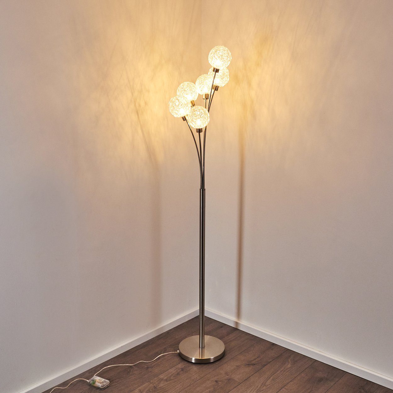 hofstein Stehlampe »Lerici« stufenlos dimmbar, Nickel-matt/Silberfarben, ohne Leuchtmittel, Stehleuchte, mit 6 Drahtkugeln, 6xG9,mit Fußschalter am Kabel – Bild 4 von 5