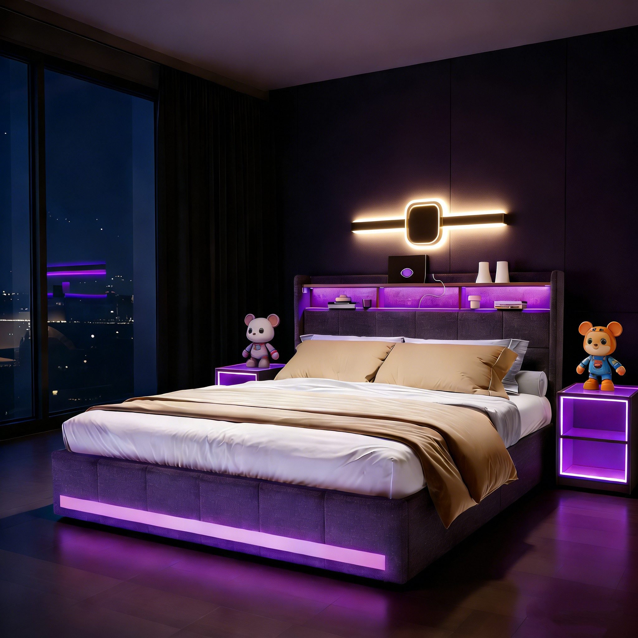 PXloue Polsterbett LED Doppelbett 180x200 cm, mit USB-Laden und Stauraum am Kopfteil,Leinen,140x200 cm