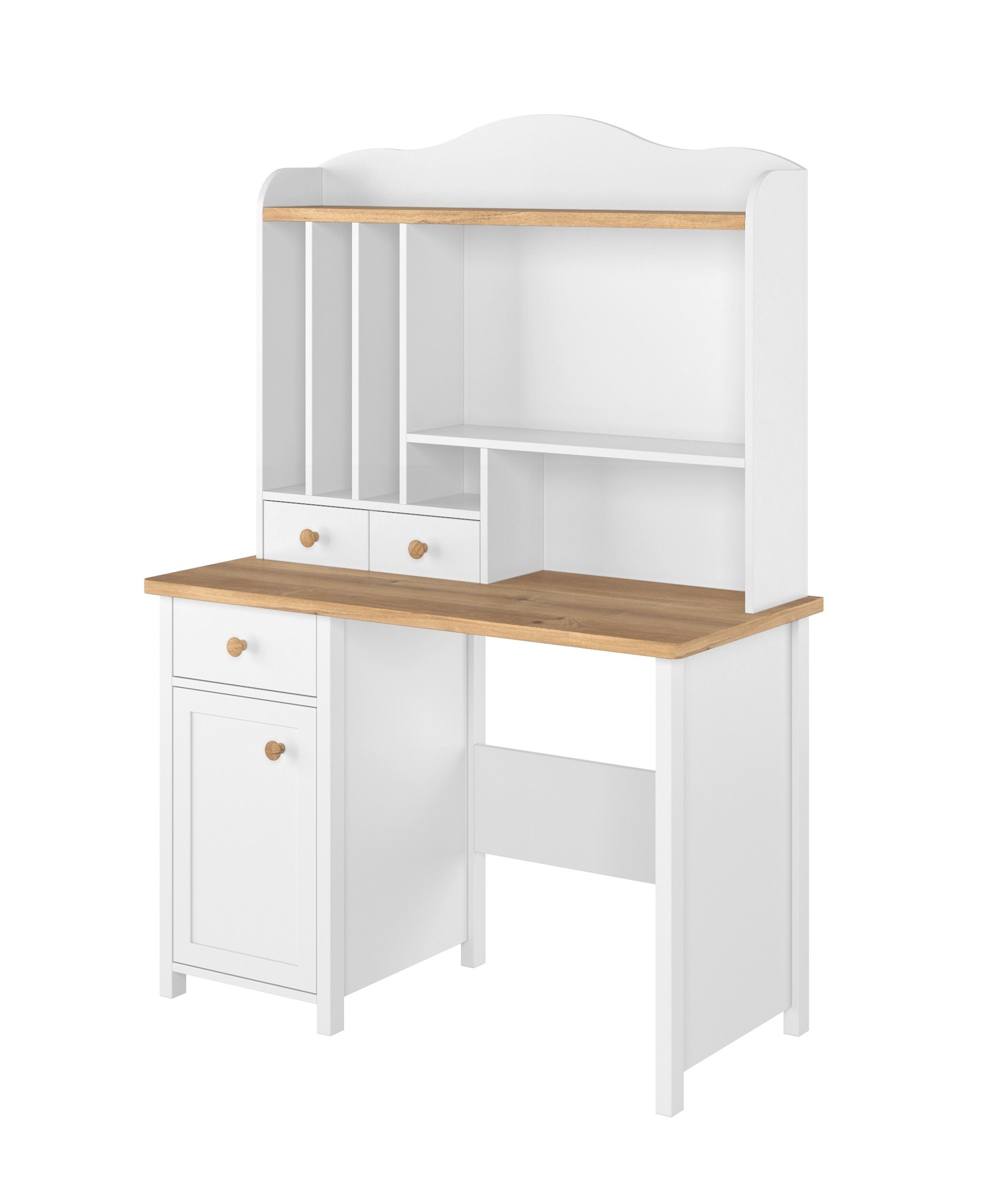 Schreibtisch TOMMY mit Aufsatz, Breite 110 cm, Weiß + Eiche Nash