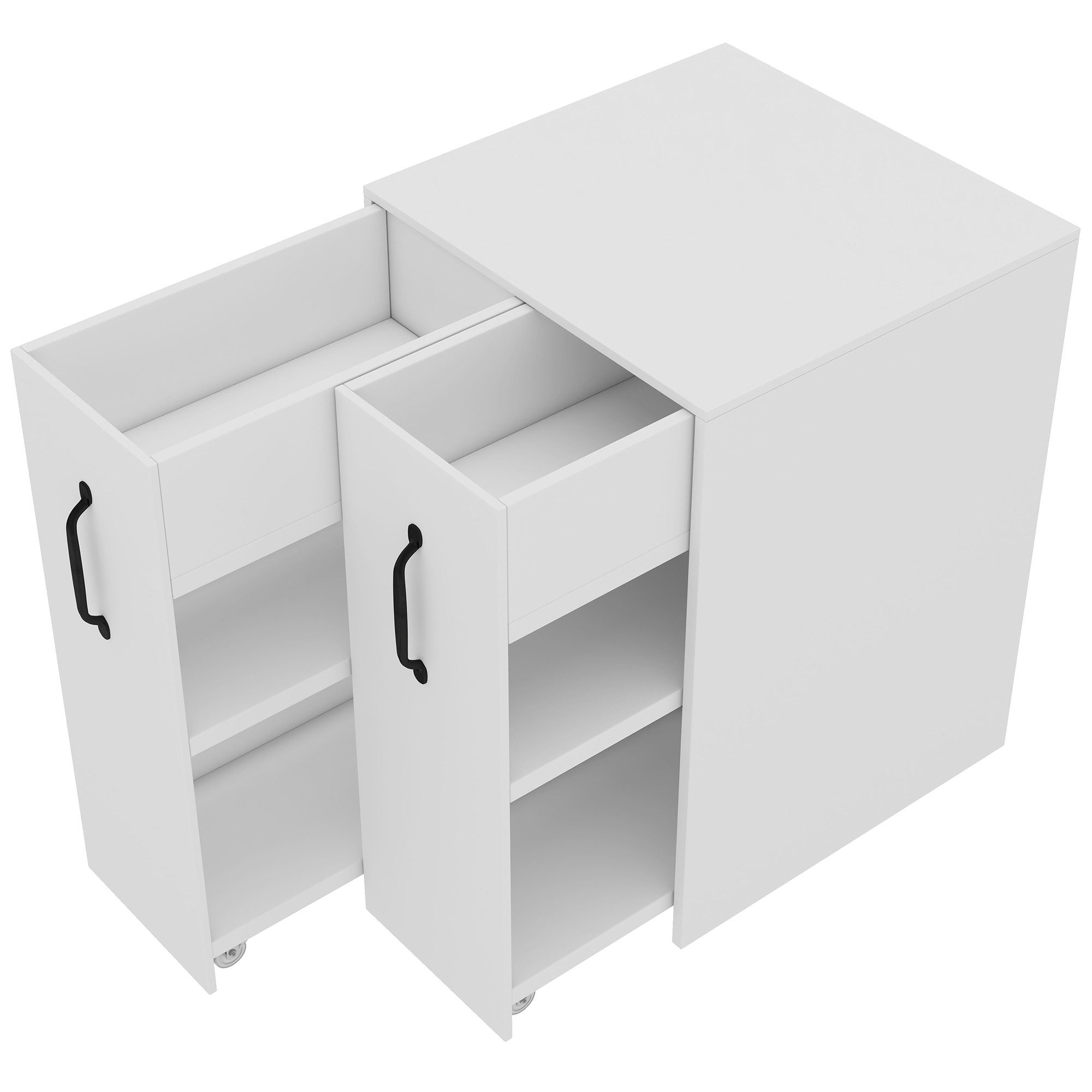 Flieks Bücherregal mit Rollen und 2 Schubladen Weiß/Schwarz, B52/T50/H75 cm 1-tlg., Mehrzweckschrank mit 6 Fächern Büroschrank Holzschrank Beistellschrank – Bild 3 von 5