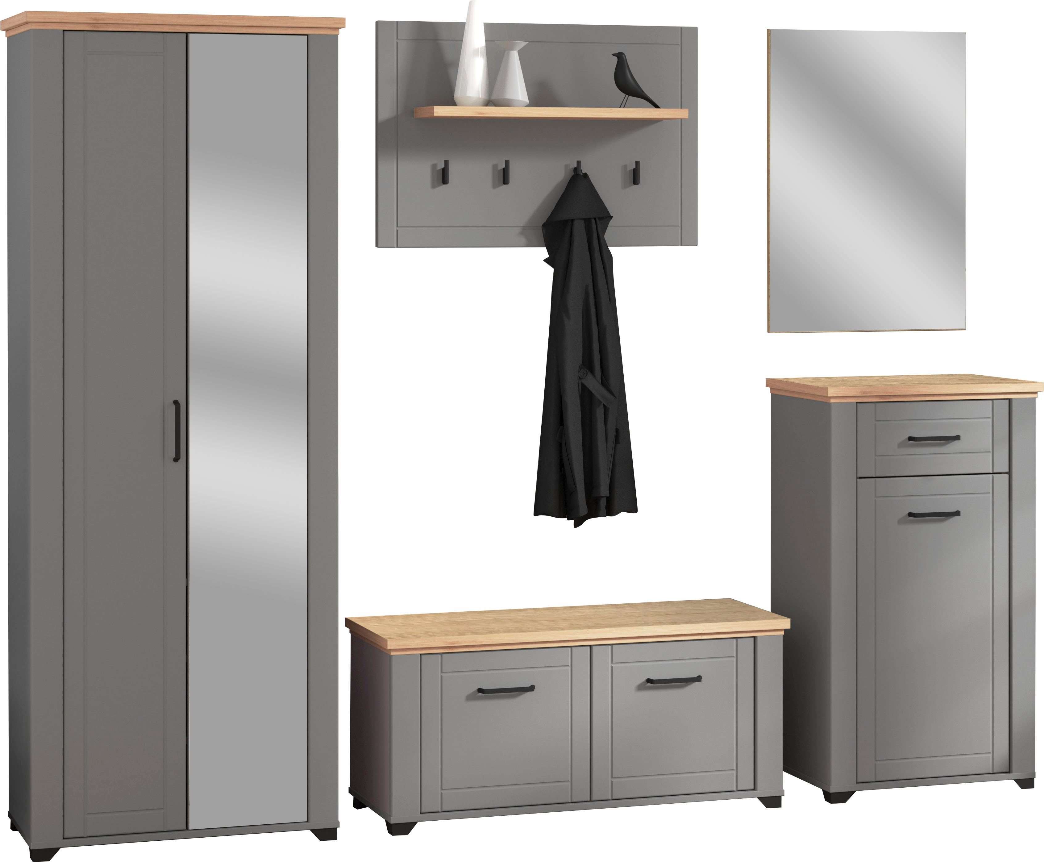 Home affaire Garderoben-Set Valencia 5-teiliges Set mit Spiegel und Kleiderhaken, (Set, 5-St., Garderobenschrank, Schuhkommode, Schuhbank, Garderobenpaneel, Spi – Bild 2 von 4