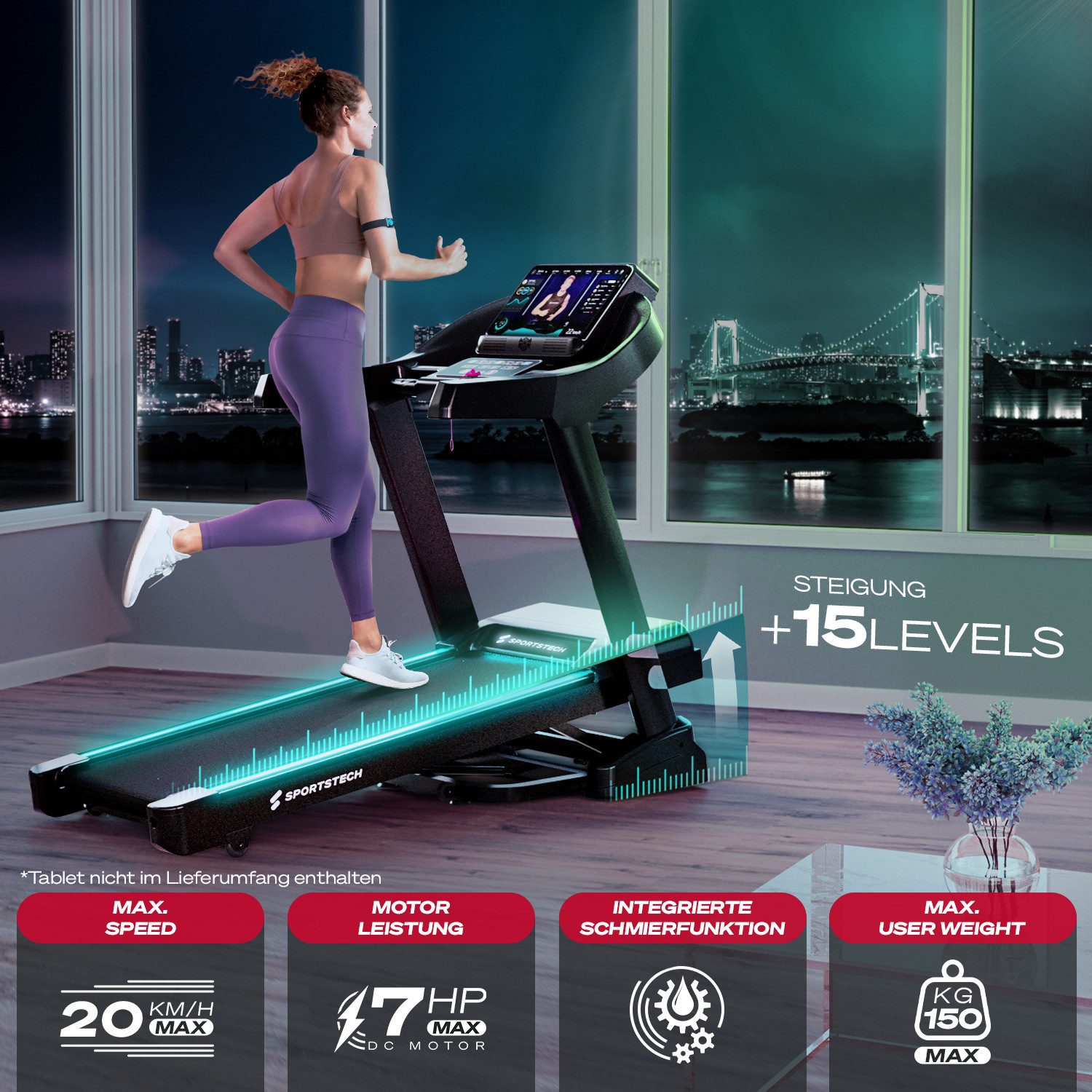 Sportstech Laufband F37s, 11% Steigung, Premium App & Live Kurse, 20km/h, Klappbar