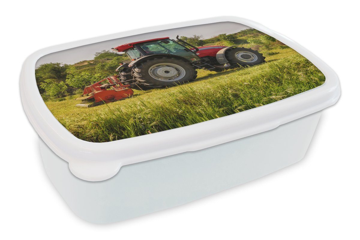 MuchoWow Lunchbox Traktor - Rot - Natur - Grün - Landleben, Kunststoff, (2-tlg), Brotbox für Kinder und Erwachsene, Brotdose, für Jungs und Mädchen weiß