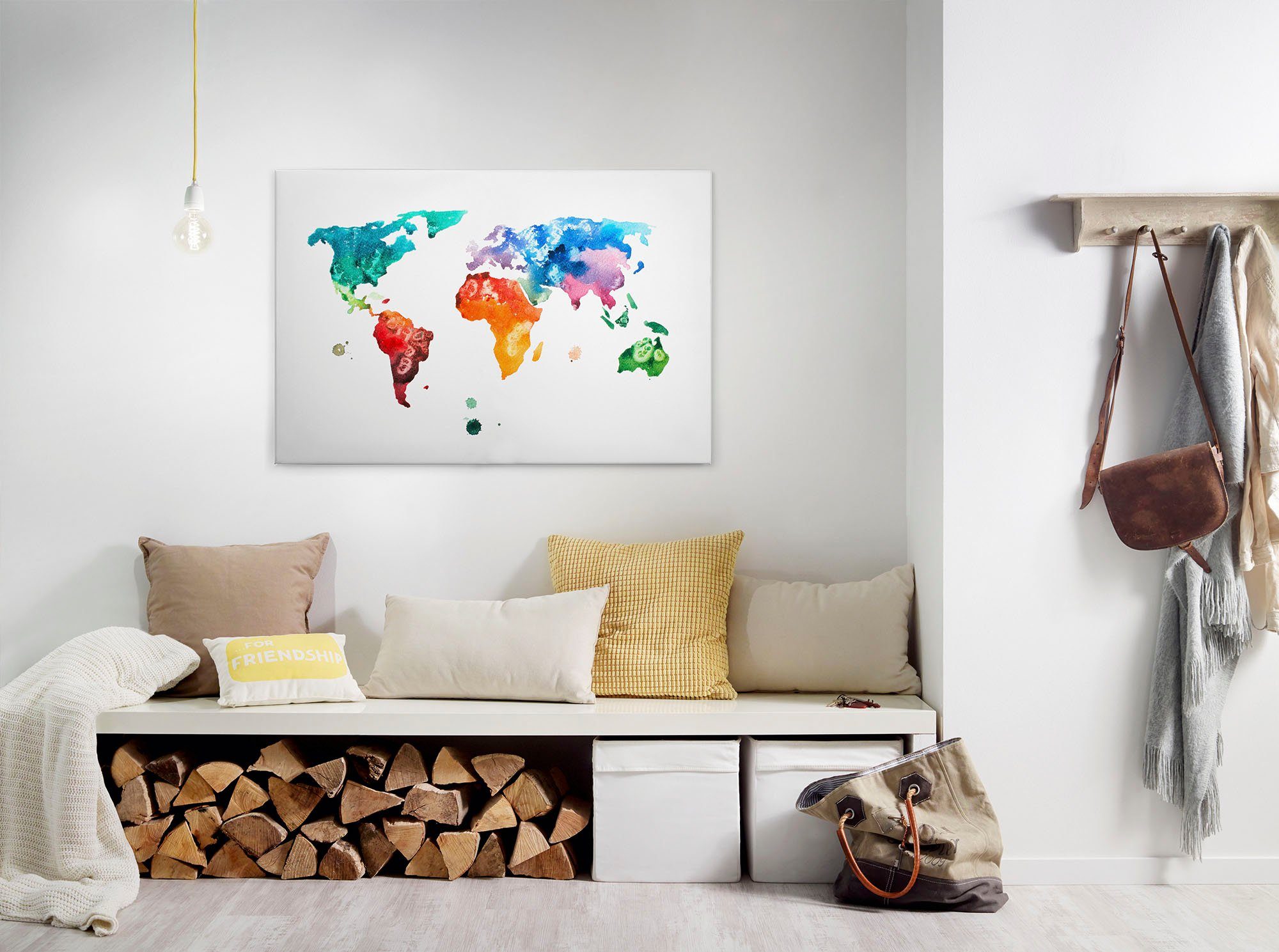 A.S. Création Leinwandbild Colourful World, Kinder, Kunst, Weltkarte (1 St), Atlas Weltkarte Bunt Aquarell Keilrahmen Leinwand-Bild Wohnzimmer Wand