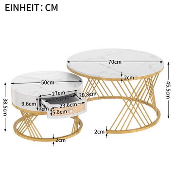 Ulife Couchtisch Beistelltisch 2 in 1 Runder Satztische mit Schublade (2-St), mit Tischplatte aus Marmor und Schubladen aus Kunststoff-Rattan
