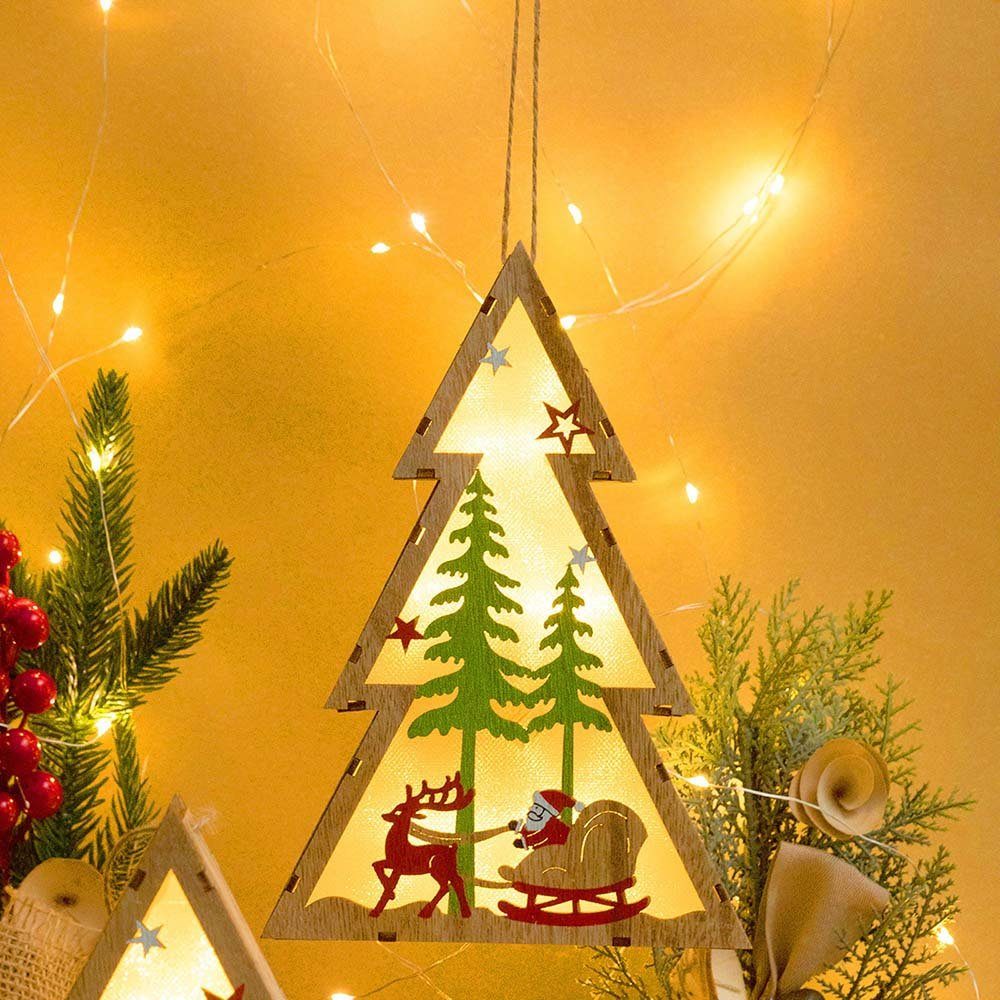 Rosnek LED Dekolicht Holz, hängend, Batterie, mit Lanyard, für Weihnachtsbaum, Warmweiß, Schneemann/Weihnachtsmann/Hirsch, Türen Fenster Deko