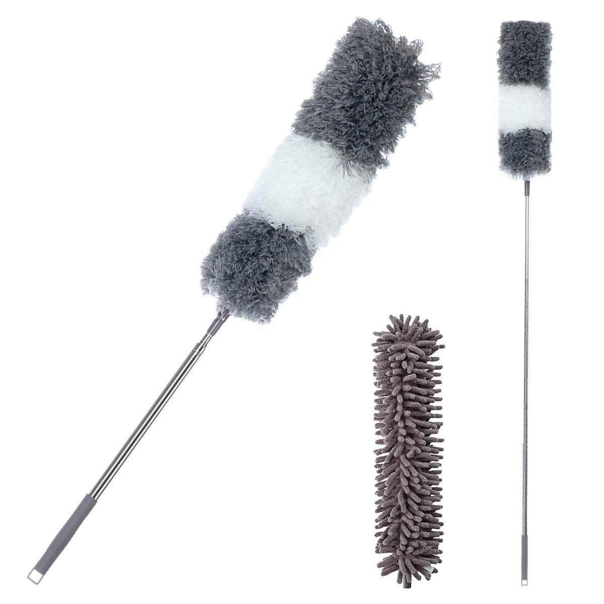 SAWAKE Staubwedel (3-St., mit verbiegbare Eckbesen Telskopstange), 2-in-1 Staubwedel Mikrofaser Staubwischer Länge 40-254cm