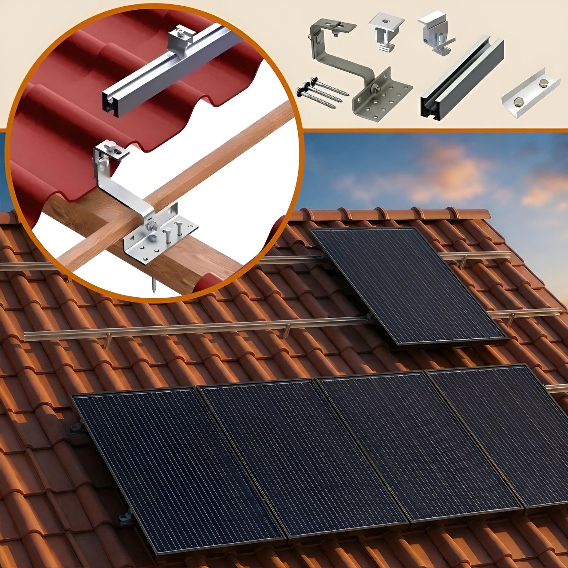 TZIpower Solarmodul-Halterung Ziegeldach Halterung Dach für 1-4 PV erweiterbar Pfannendach