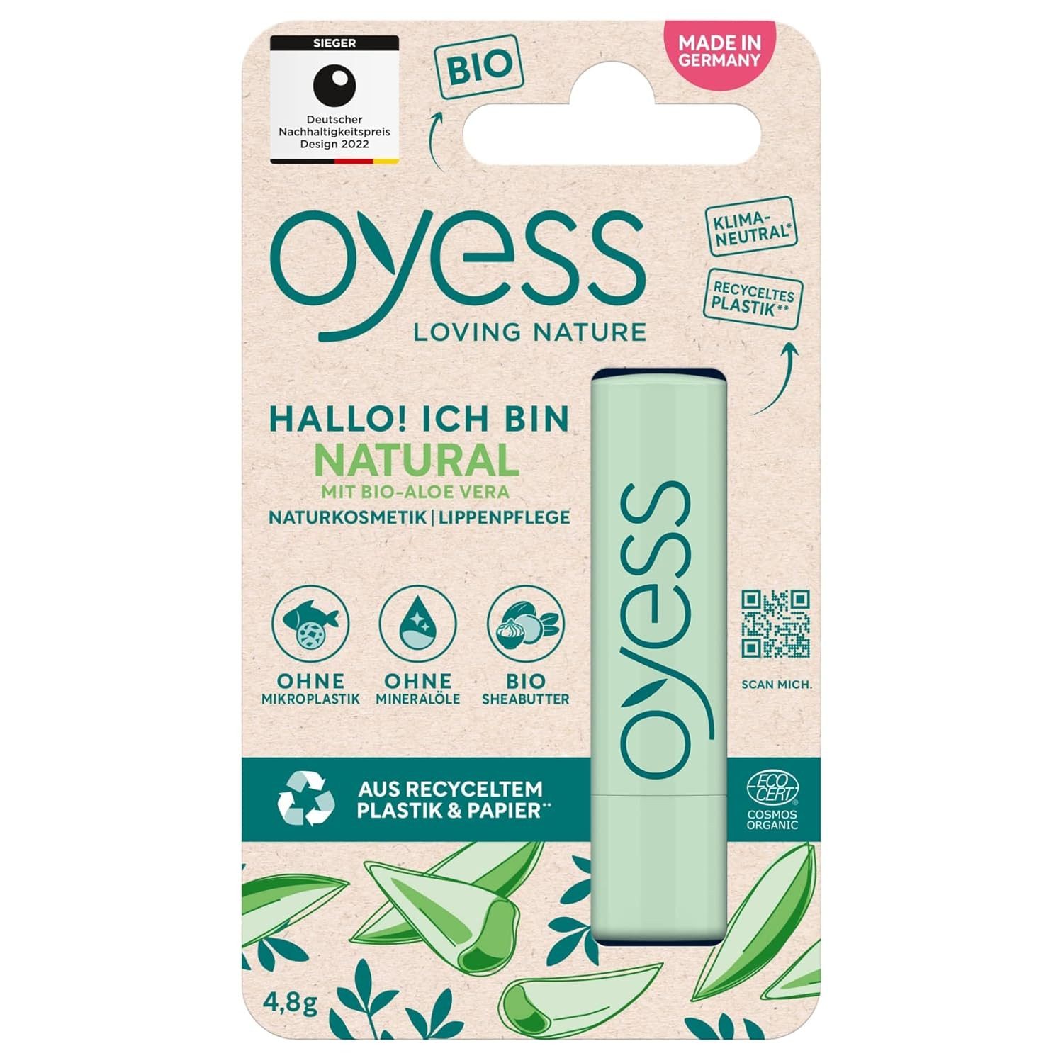 oyess Lippenbalsam 1x OYESS loving nature Oyess Lippenpflege Natural (4,8 g), 1-tlg., pflegender Lippenpflegestift für trockene Lippen