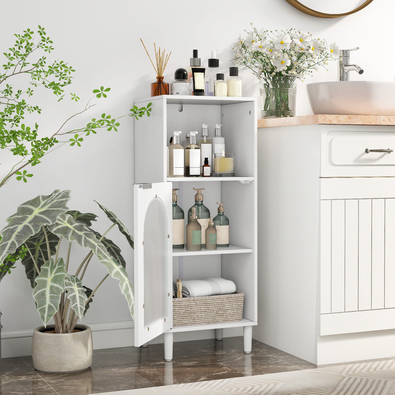 COSTWAY Badkommode, Badezimmerschrank schmal mit Glastür, verstellbaren Regal weiß