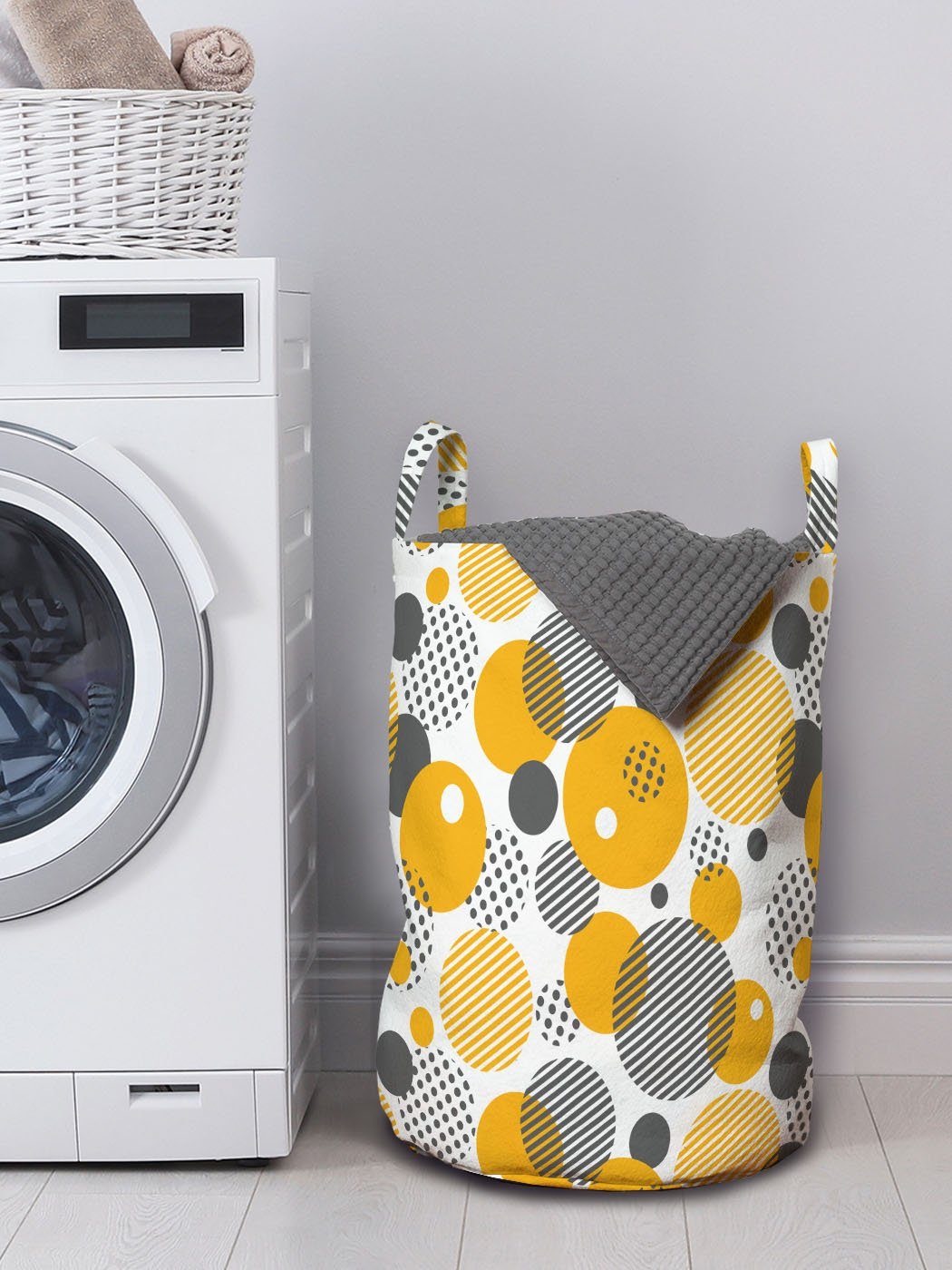 Griffen für mit Wäschekorb Abakuhaus grau Punkte in den Wäschesäckchen Kordelzugverschluss Kreisen Grafik Waschsalons, Gelb
