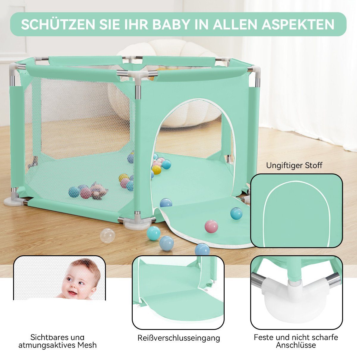 bioby Laufgitter, Laufstall Baby Schutzgitter, Netz Grün 128x66cm mit Atmungsaktivem