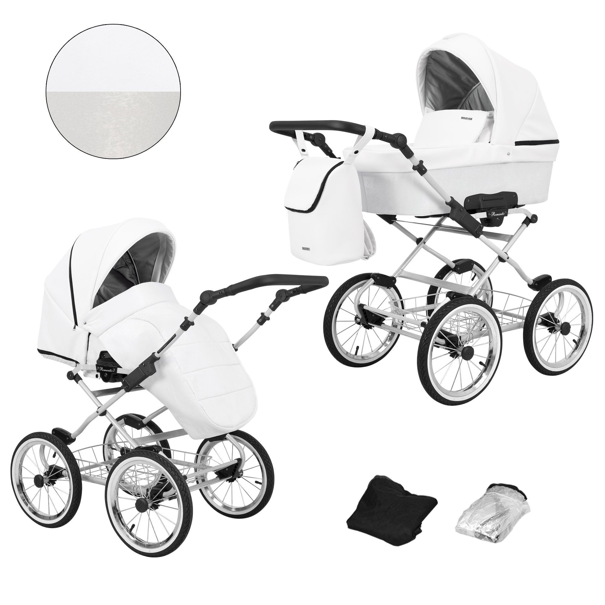 KUNERT Kombi-Kinderwagen Romantic 2 in1 Öko-Leder Kinderwagen mit AIR WHEEELS und grauem Rahmen, 3-in-1-Kit mit Tragewanne, Buggy