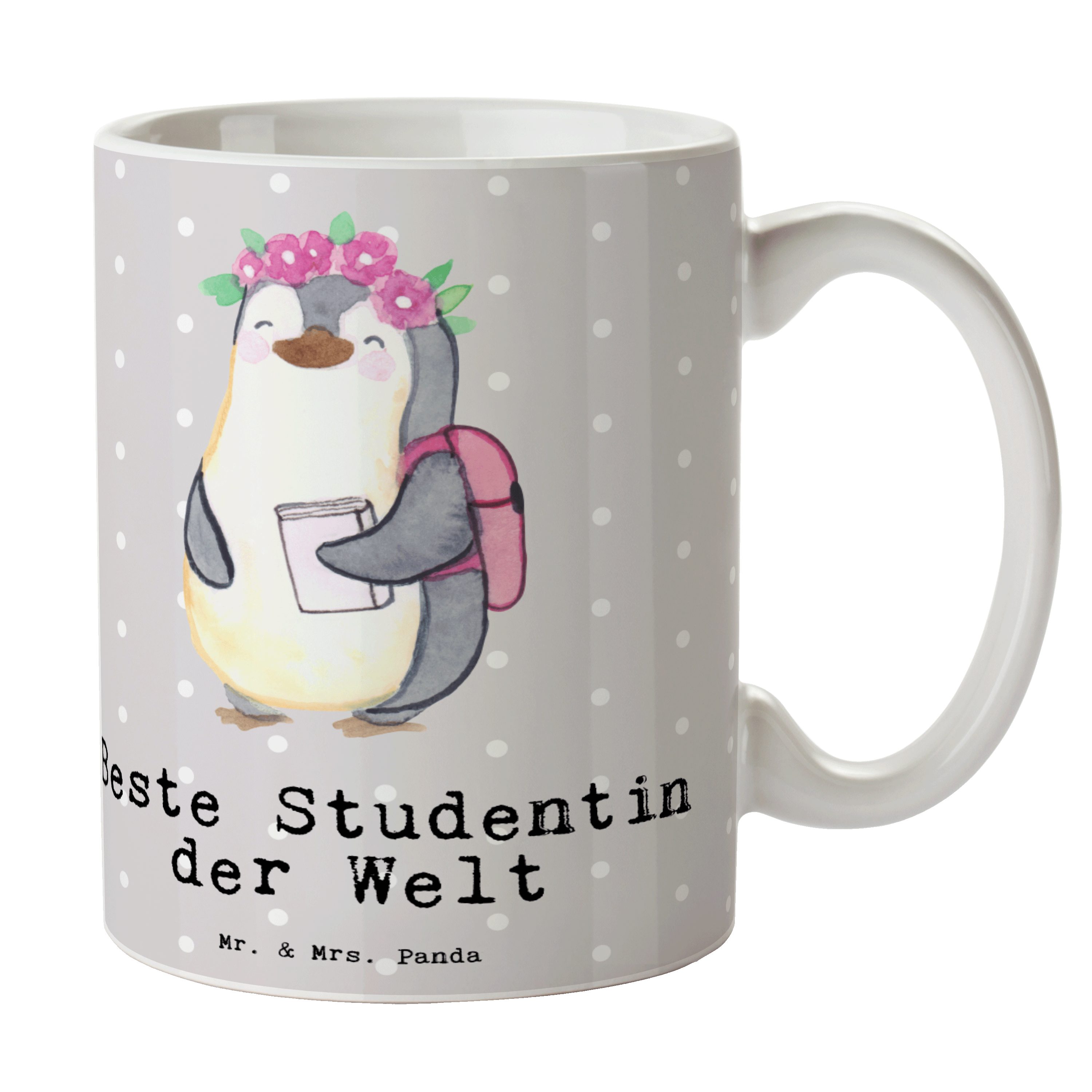 Mr. & Mrs. Panda Tasse Pinguin Beste Studentin der Welt - Grau Pastell - Geschenk, Freude ma, Keramik