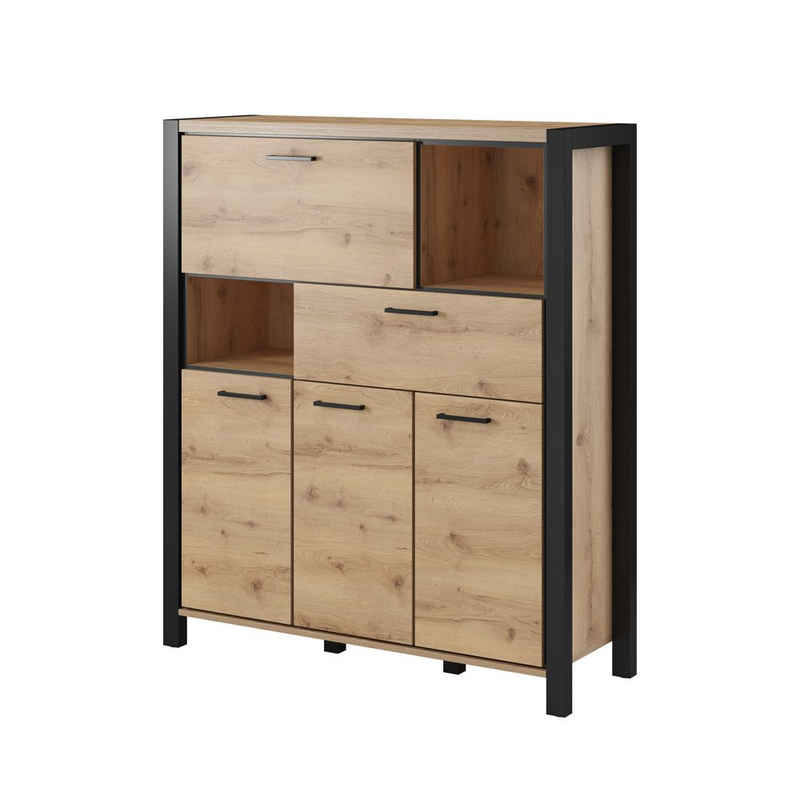 Lomadox Highboard ACCRA-83, Wohnzimmer in Taurus Eiche Nb. und schwarzem Gestell, : 120/140/41 cm