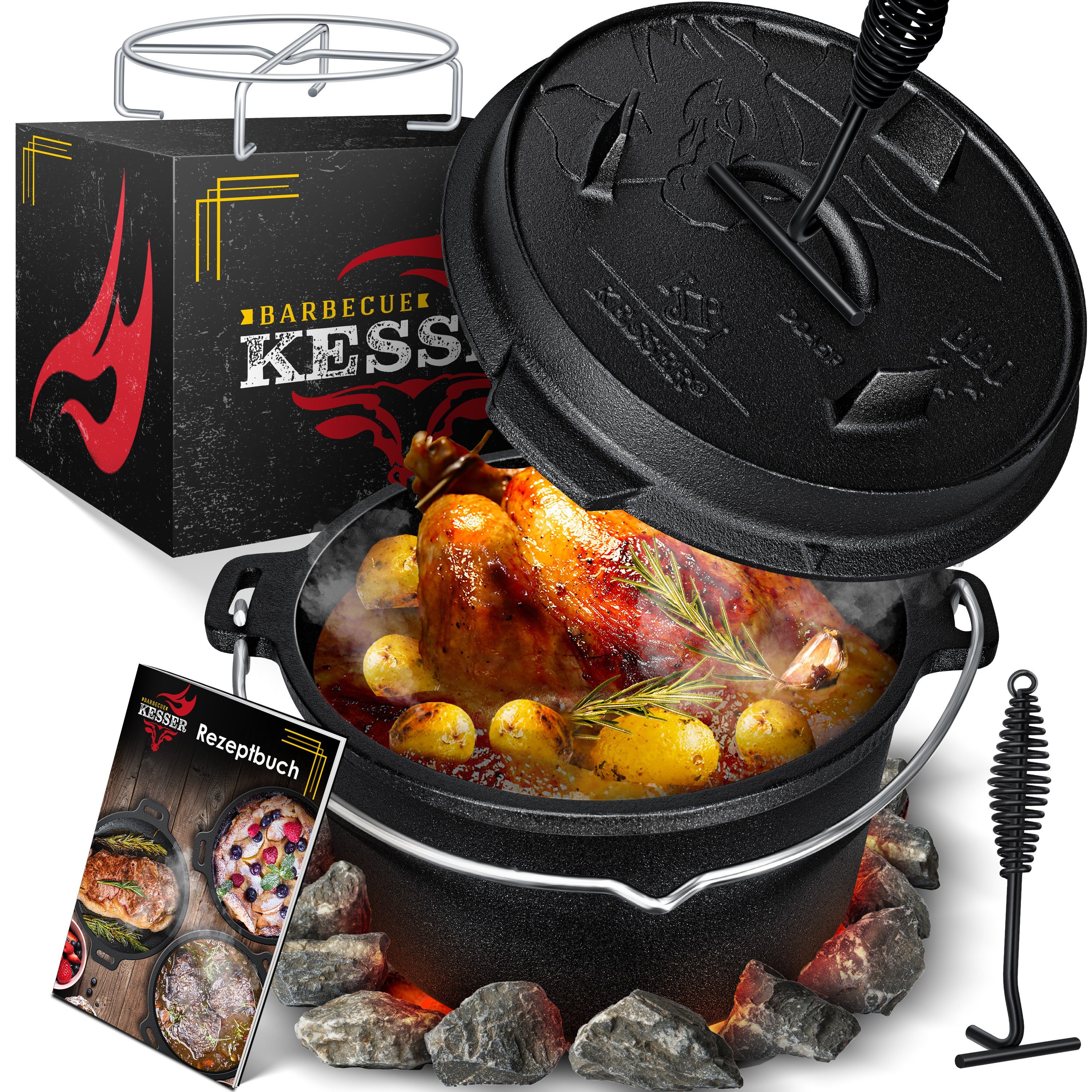 KESSER Feuertopf, Gußeisen, Dutch Oven Set BBQ Feuertopf Schmortopf, Gusseisen Topf Topf ohne Füße