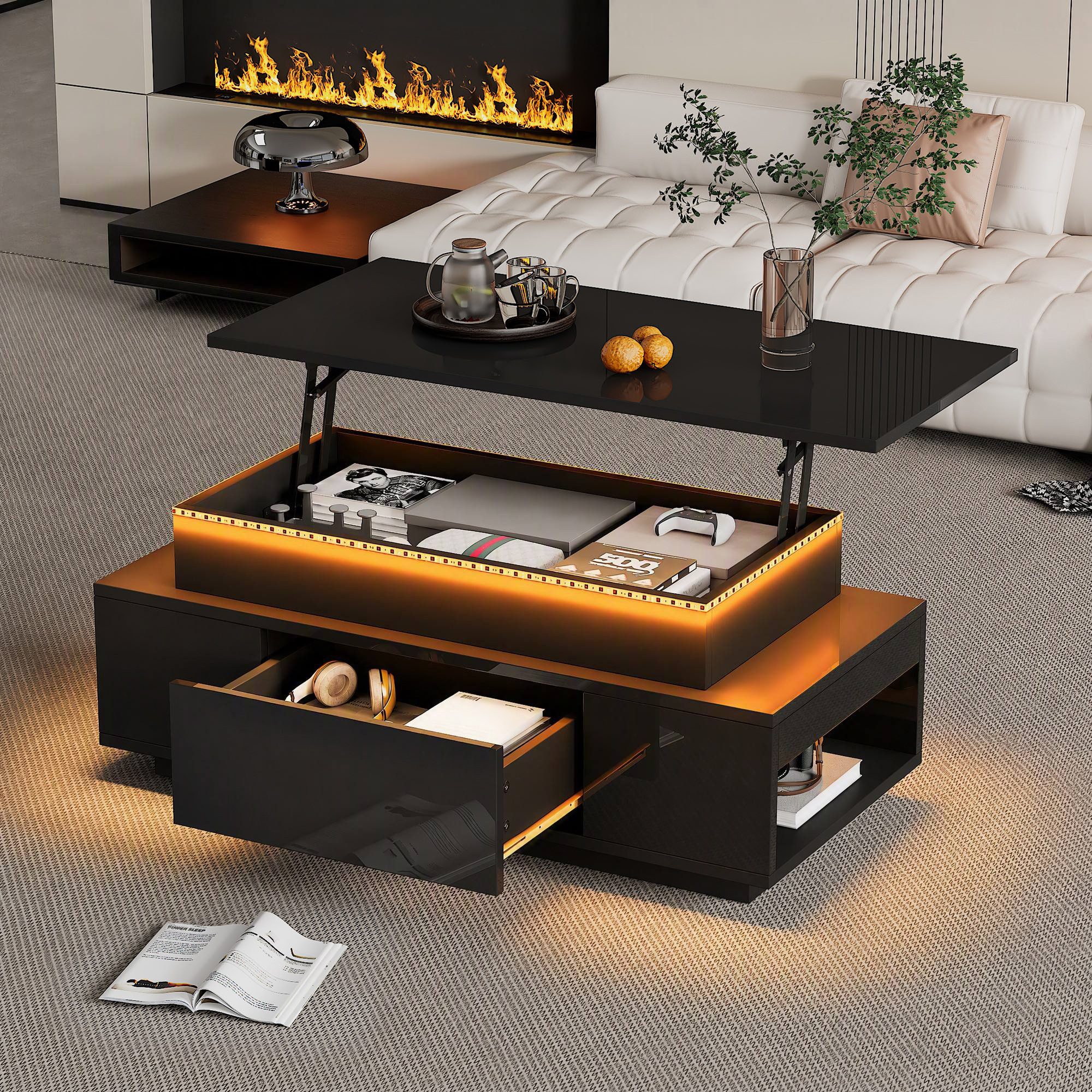 KLAM HOME Couchtisch Höhenverstellbarer Couchtisch Mit LED Beleuchtung Und Schublade (Multifunktionaler Kaffeetisch Mit Hydraulik Hub Und Stauraum), Modernes Wohnzimmer Beistelltisch Schwarz Hochglanz Für Büro Und Party