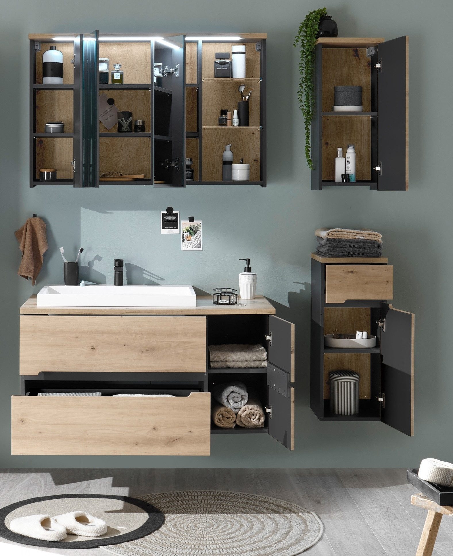 PREISBRECHER Badezimmer-Set Memphis, (Kommode), (4-tlg) Grau / Artisan Eiche Dekor - 160x176x53 (BxHxT)