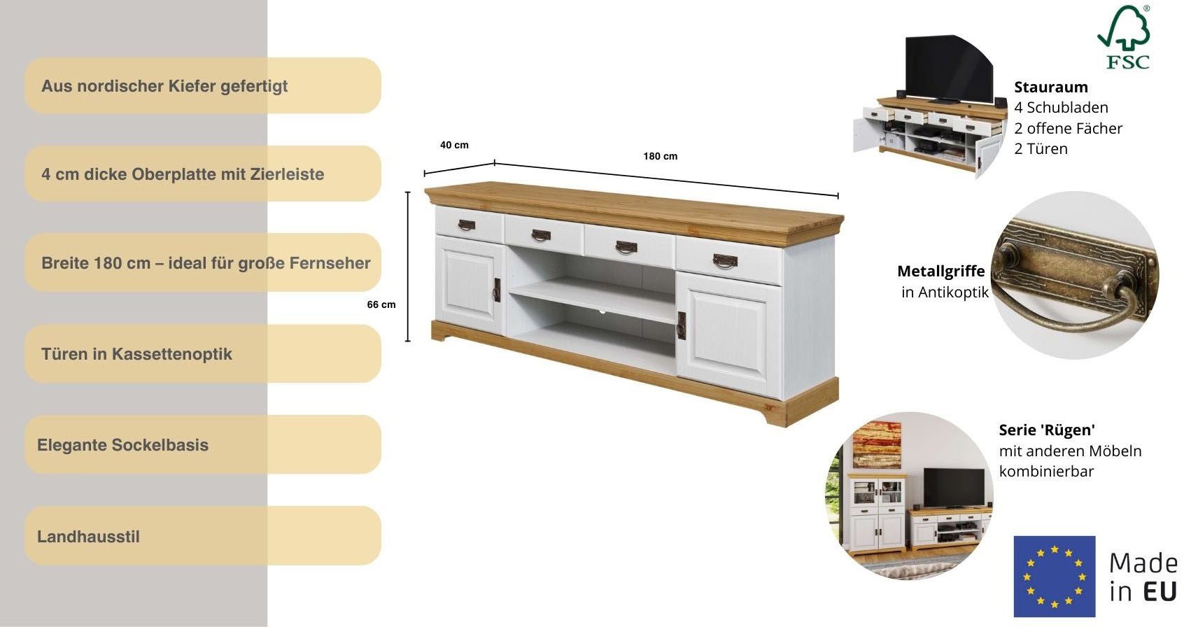 OTTO home TV-Board Rügen, zertifiziertes Massivholz, Breite 180 cm, im Landhausstil