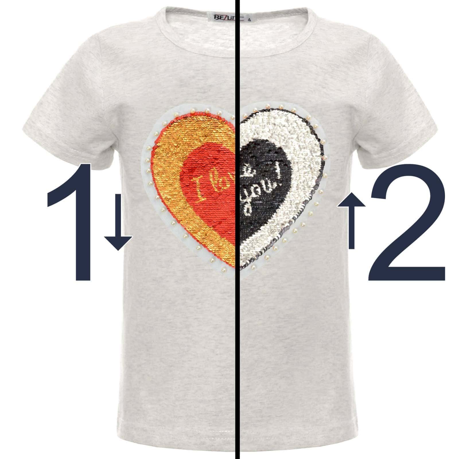Kunstperlen Paillettenshirt Wende mit Wendepailletten, Herz Mädchen (1-tlg) Pailletten Grau mit BEZLIT T-Shirt Motiv