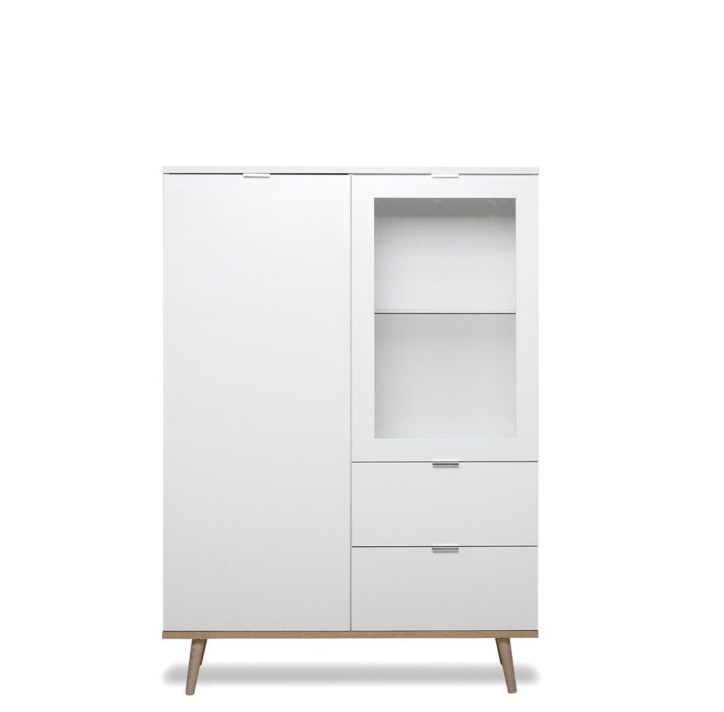 Finori Vitrine Highboard Vitrine Oslo, Skandinavisch, weiß / Sonoma Eiche Skandi