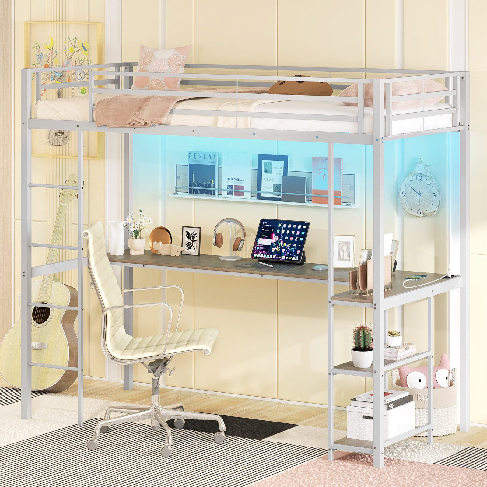 COSTWAY Bettgestell (1-tlg), Hochbett mit Schreibtisch, LED, Ladestation, 90x200cm