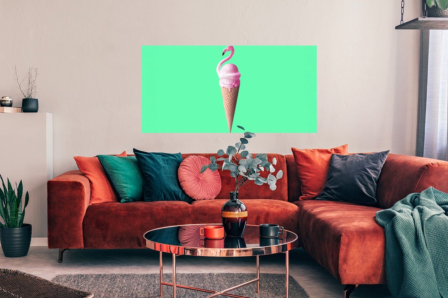 MuchoWow Poster Eistüten - Eiscreme - Flamingo - Rosa - Grün, (1 St), Bild für Wohnzimmer, Schlafzimmer, Wandposter, Ohne Rahmen, Wanddeko