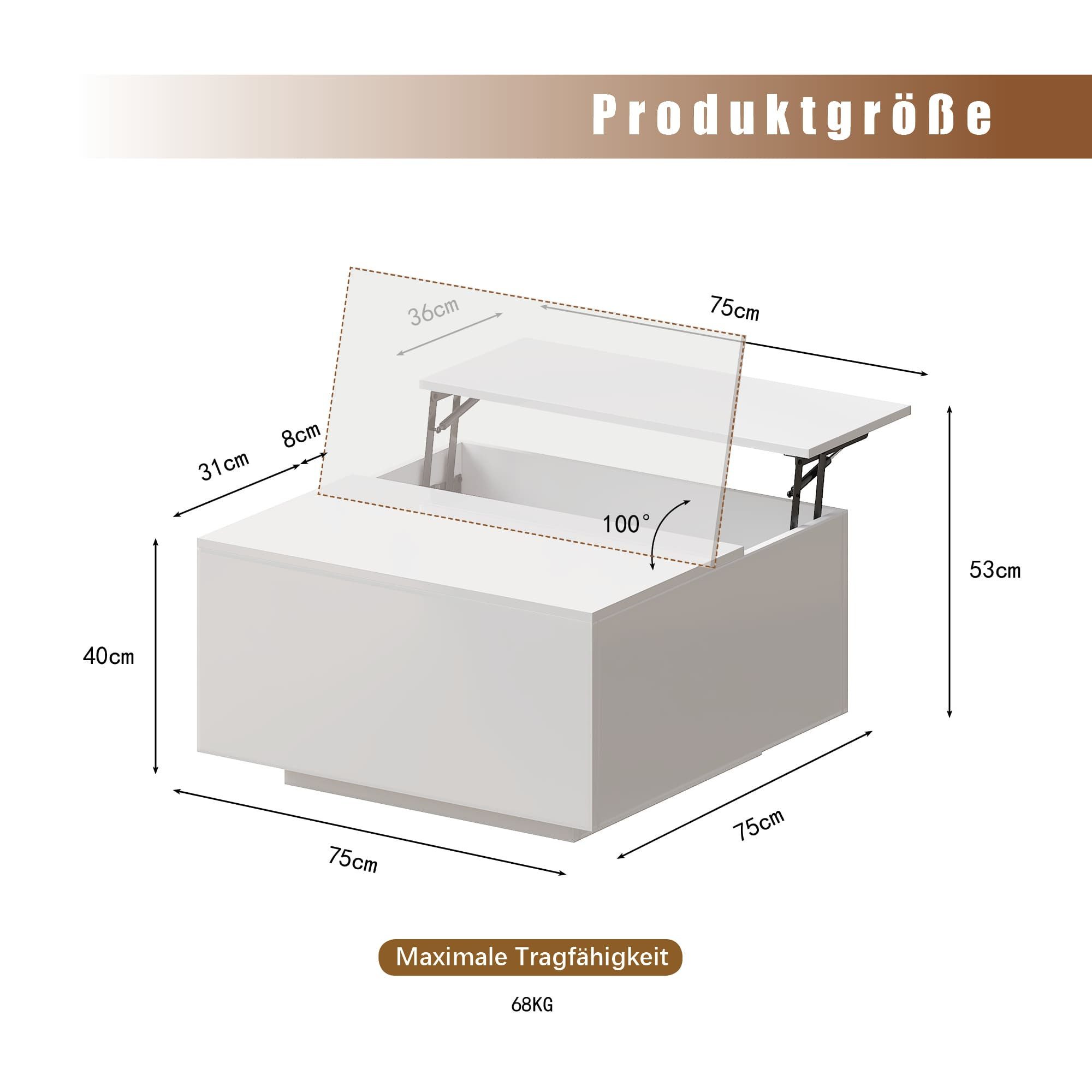 radelldar Couchtisch Wohnzimmertisch höhenverstellbar Stauraum  (40-54) x 78 x 78cm (1-St), Höhenverstellbare Tischplatte
