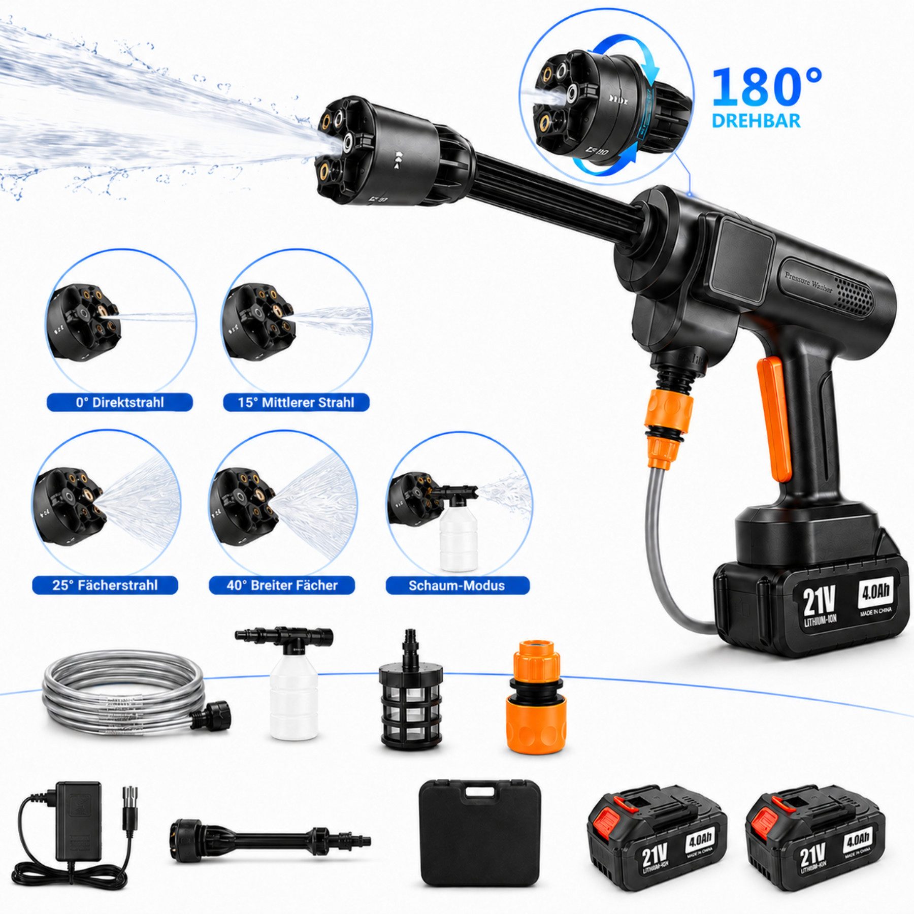 Fyrove Akku-Hochdruckreiniger elektrische Autowaschpistole & Multifunktions-Wasserpistole, Druck max: 75 bar, 500 W, Fördermenge max: 260 l/h, 6-in-1-Düse 180° drehbar, 2 Leistungsstufen,Schaumsprüher, Filter