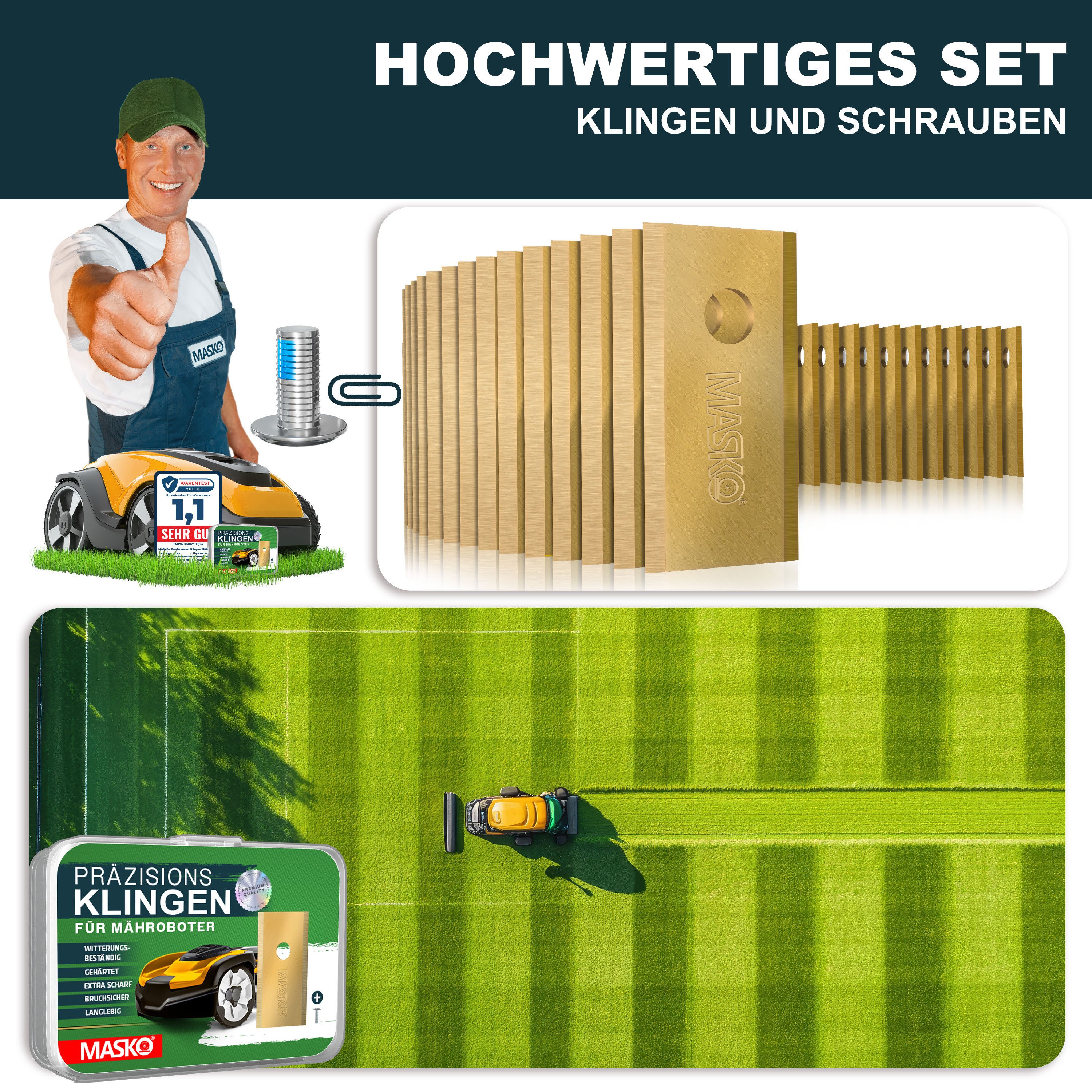MASKO Mährobotermesser Ersatzmesser für Mähroboter, 60er Set, Titan-beschichtet (60-St), Geeignet für Bosch, Gardena/Husqvarna & Worx – Bild 2 von 5