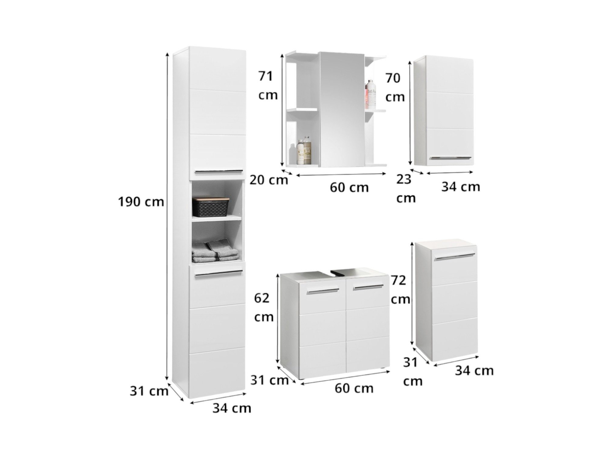 moebel-dich-auf Badmöbel-Set MANDY, (Set 1, 5-St., Hochschrank, Spiegelschrank, Wbu, Hängeschrank, Kommode), Fronten in weiß Hochglanz