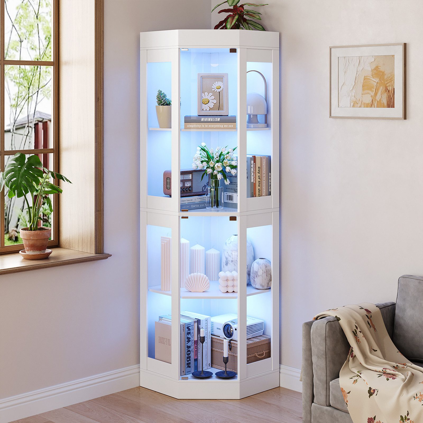 SVEYLXA Eckvitrine Beleuchtete LED Ecken-Vitrine mit Glastüren für Wohnzimmer, Küche&Flur (1-St) 69,5×56×178cm, weiß